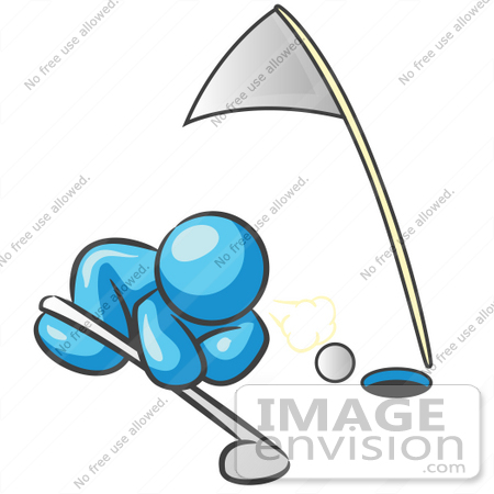#35834 Clip Art Graphic of a Sky Blue Guy Character Trying to Blow a Golf Ball Into a Hole by Jester Arts