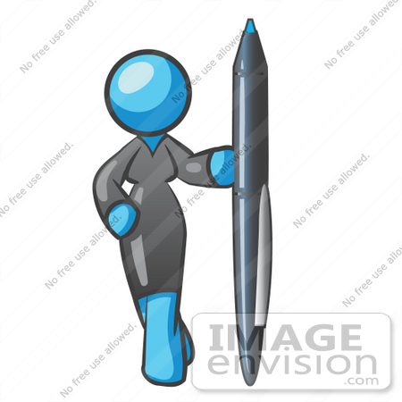 #35835 Clip Art Graphic of a Sky Blue Lady Character Standing With a Pen by Jester Arts