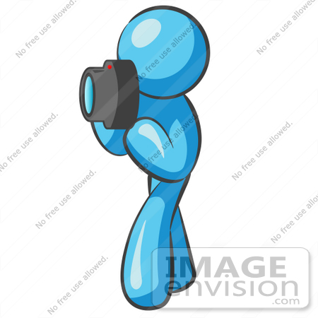 #35842 Clip Art Graphic of a Sky Blue Guy Character Taking Pictures by Jester Arts
