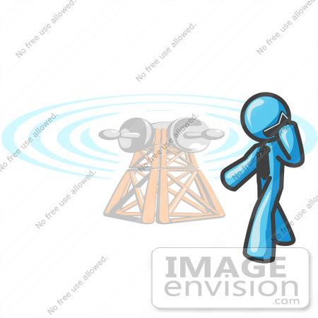 #35846 Clip Art Graphic of a Sky Blue Guy Character Talking on a Phone by a Tower by Jester Arts