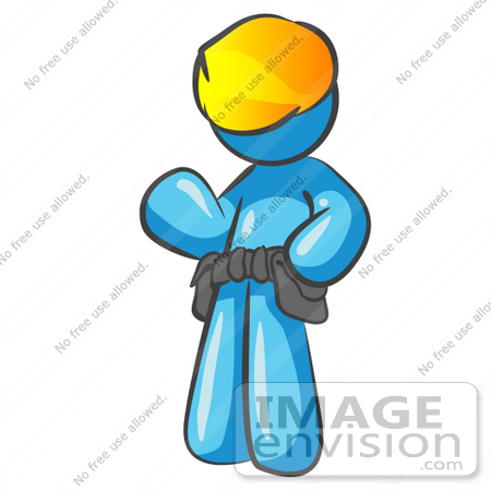 #35852 Clip Art Graphic of a Sky Blue Guy Character Wearing a Toolbelt and Waving by Jester Arts