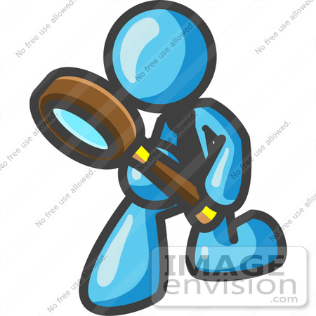 #35857 Clip Art Graphic of a Sky Blue Guy Character Kneeling and Using a Magnifying Glass by Jester Arts