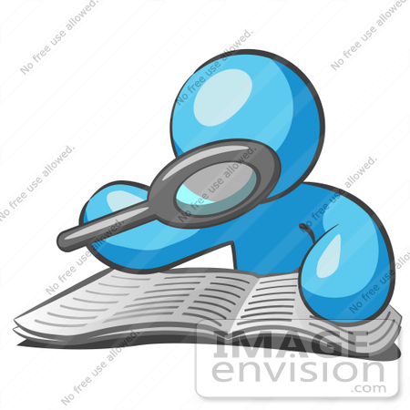 #35858 Clip Art Graphic of a Sky Blue Guy Character Reading With a Magnifying Glass by Jester Arts