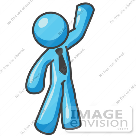 #35861 Clip Art Graphic of a Sky Blue Guy Character Waving by Jester Arts