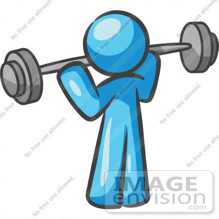 #35862 Clip Art Graphic of a Sky Blue Guy Character Lifting a Barbell by Jester Arts