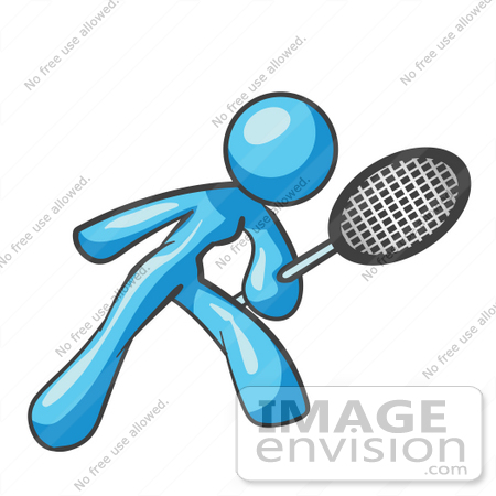 #35864 Clip Art Graphic of a Sky Blue Lady Character Playing Tennis by Jester Arts