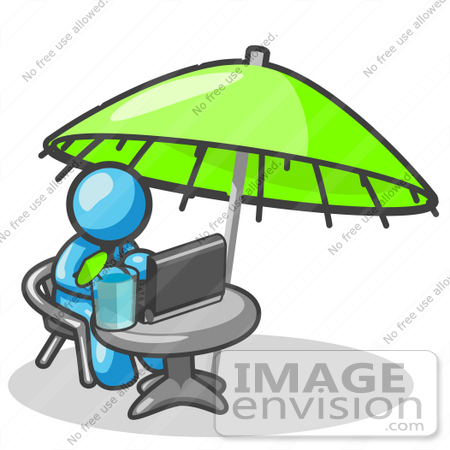 #35867 Clip Art Graphic of a Sky Blue Guy Character Working Under an Umbrella by Jester Arts