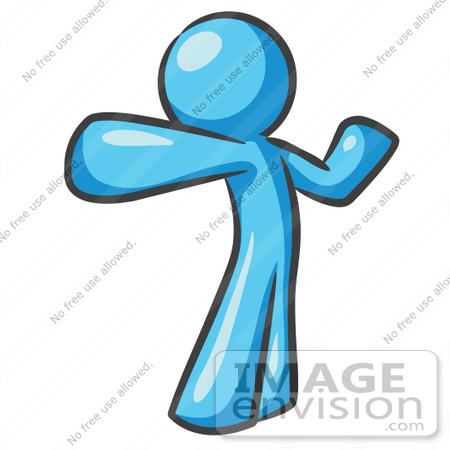 #35871 Clip Art Graphic of a Sky Blue Guy Character Stretching by Jester Arts