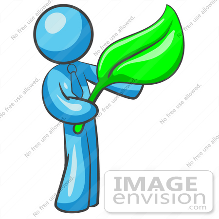 #35873 Clip Art Graphic of a Sky Blue Guy Character Holding a Leaf by Jester Arts
