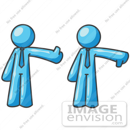 #35878 Clip Art Graphic of a Sky Blue Guy Character Giving Thumbs up and Down by Jester Arts