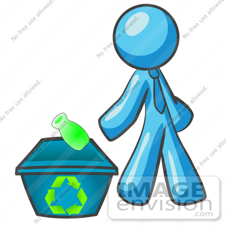 #35880 Clip Art Graphic of a Sky Blue Guy Character Tossing a Bottle Into a Recycling Bin by Jester Arts