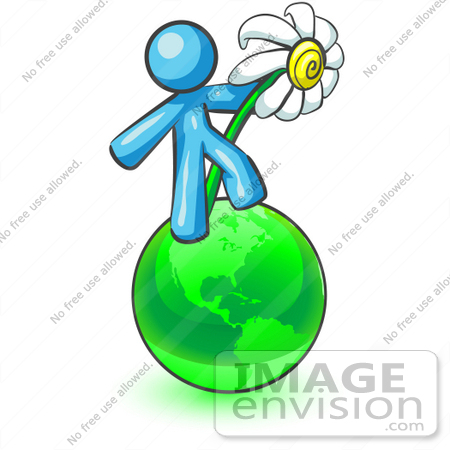 #35881 Clip Art Graphic of a Sky Blue Guy Character Holding a Daisy on a Globe by Jester Arts