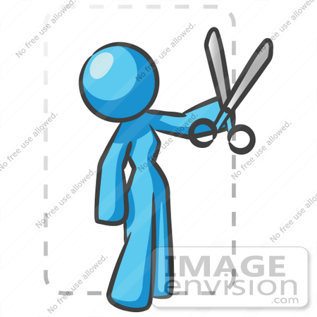 #35883 Clip Art Graphic of a Sky Blue Lady Character Cutting a Coupon by Jester Arts