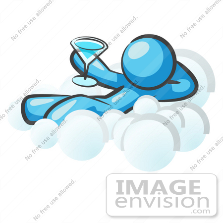 #35888 Clip Art Graphic of a Sky Blue Guy Character Drinking on a Cloud by Jester Arts