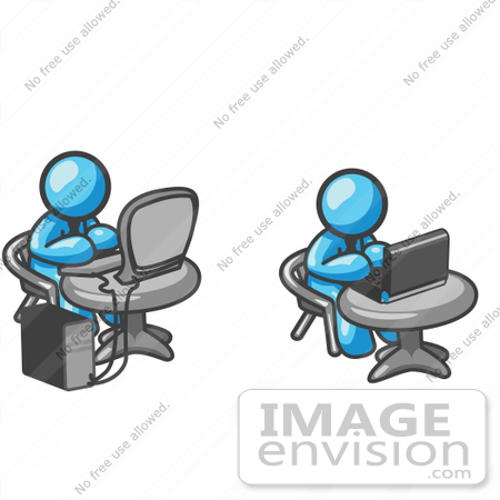 #35899 Clip Art Graphic of Sky Blue Guy Characters Working on Computers by Jester Arts