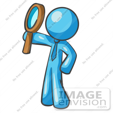 #35900 Clip Art Graphic of a Sky Blue Guy Character Holding up a Magnifying Glass by Jester Arts