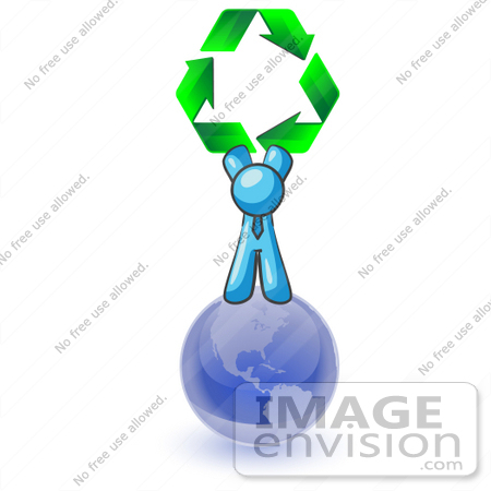 #35903 Clip Art Graphic of a Sky Blue Guy Character With Recycle Arrows on a Globe by Jester Arts