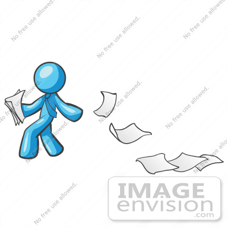 #35904 Clip Art Graphic of a Sky Blue Guy Character Dropping Papers by Jester Arts