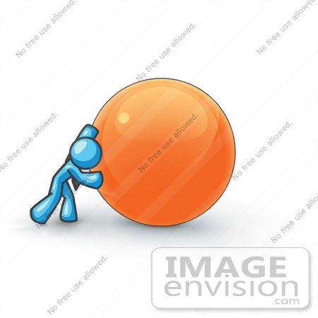 #35908 Clip Art Graphic of a Sky Blue Guy Character Pushing an Orange Orb by Jester Arts