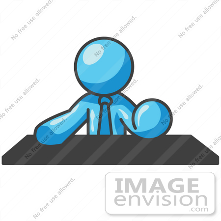 #35914 Clip Art Graphic of a Sky Blue Guy Character Behind a Desk by Jester Arts