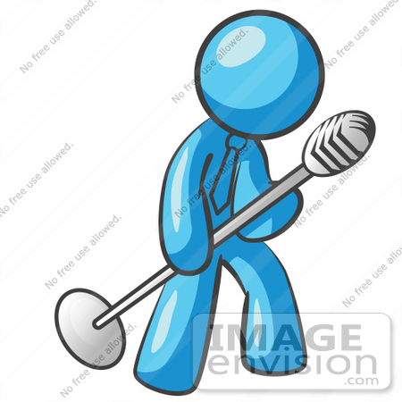 #35918 Clip Art Graphic of a Sky Blue Guy Character Singing With a Microphone on a Stand by Jester Arts
