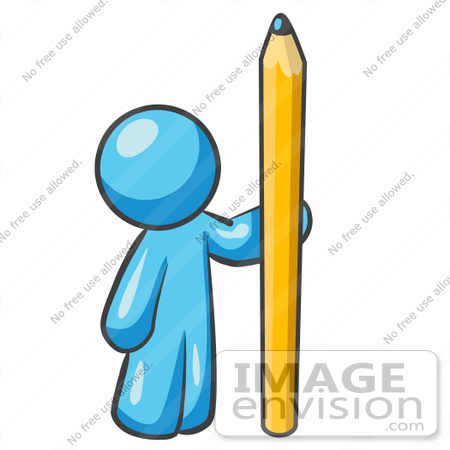 #35932 Clip Art Graphic of a Sky Blue Guy Character With a Pencil by Jester Arts