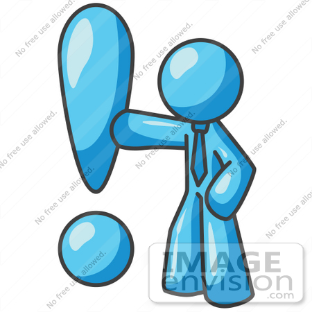 #35933 Clip Art Graphic of a Sky Blue Guy Character With an Exclamation Point by Jester Arts