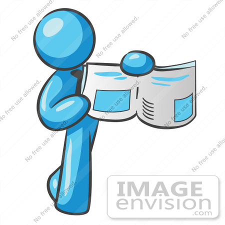 #35935 Clip Art Graphic of a Sky Blue Guy Character Holding a Book Open by Jester Arts
