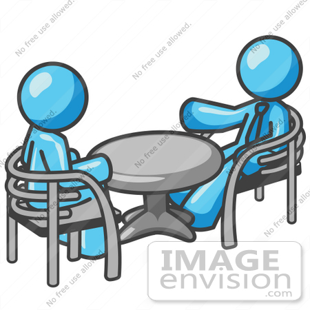 #35937 Clip Art Graphic of a Sky Blue Guy Character Chatting With a Friend at a Table by Jester Arts