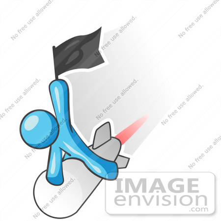 #35943 Clip Art Graphic of a Sky Blue Guy Character on a Rocket by Jester Arts