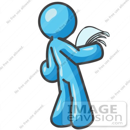 #35944 Clip Art Graphic of a Sky Blue Guy Character Reading a Notice by Jester Arts