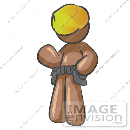 #35962 Clip Art Graphic of a Brown Guy Character Wearing a Toolbelt and Hardhat, Waving by Jester Arts