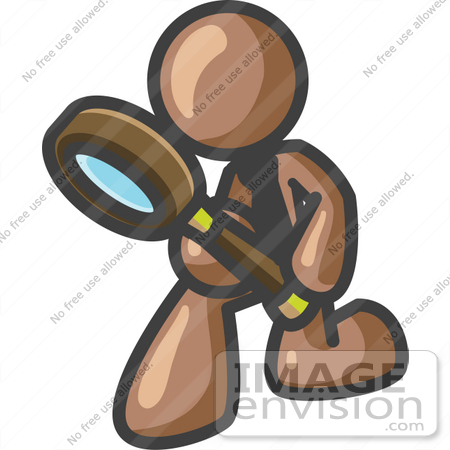 #35966 Clip Art Graphic of a Brown Guy Character Kneeling and Using a Magnifying Glass by Jester Arts