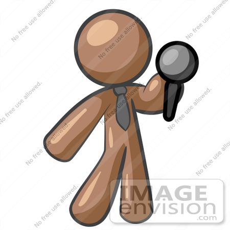 #35967 Clip Art Graphic of a Brown Guy Character Holding a Microphone by Jester Arts
