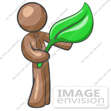 #35972 Clip Art Graphic of a Brown Guy Character Holding a Leaf by Jester Arts