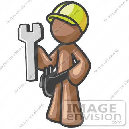#35976 Clip Art Graphic of a Brown Guy Character Holding a Wrench by Jester Arts