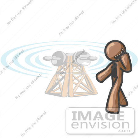 #35983 Clip Art Graphic of a Brown Guy Character Talking on a Phone by a Tower by Jester Arts