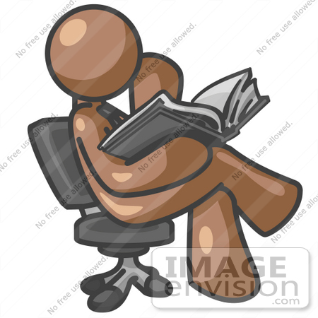 #35984 Clip Art Graphic of a Brown Guy Character Sitting and Reading by Jester Arts