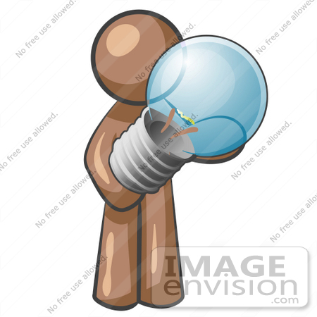 #36000 Clip Art Graphic of a Brown Guy Character Holding a Light Bulb by Jester Arts