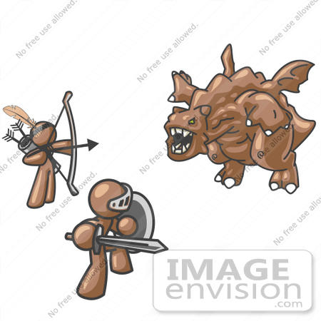 #36003 Clip Art Graphic of Brown Guy Characters Fighting a Dragon by Jester Arts