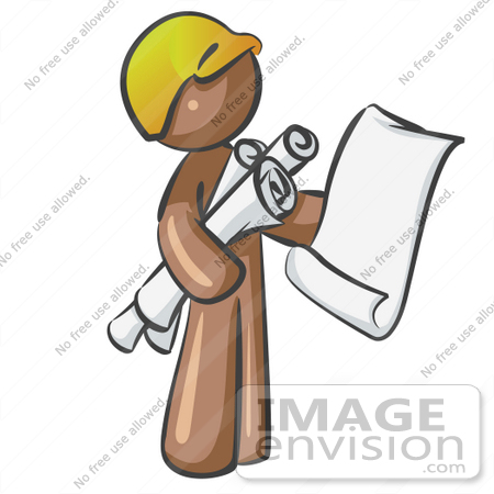 #36006 Clip Art Graphic of a Brown Guy Character Holding Rolled Blueprints by Jester Arts