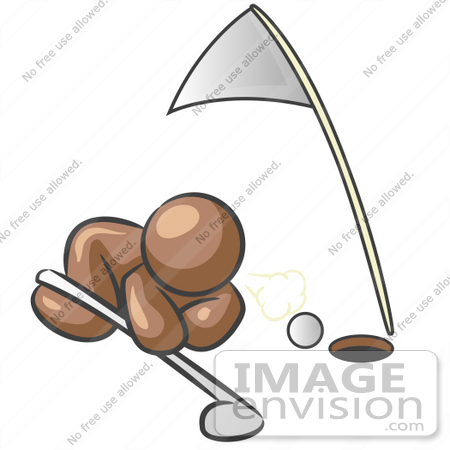 #36011 Clip Art Graphic of a Brown Guy Character Blowing a Golf Ball Into a Hole by Jester Arts