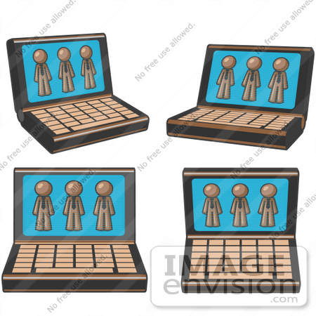 #36012 Clip Art Graphic of Brown Guy Characters on Laptop Computers by Jester Arts