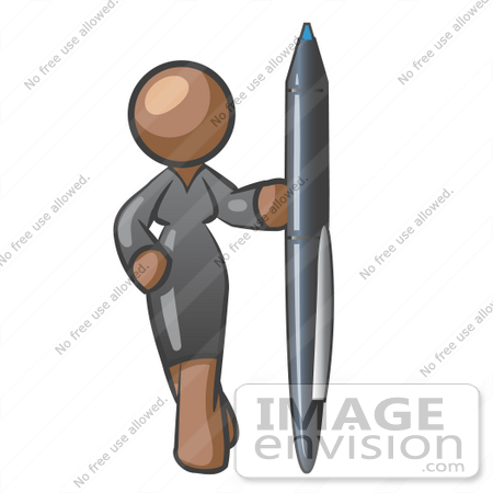 #36014 Clip Art Graphic of a Brown Lady Character Standing With a Pen by Jester Arts