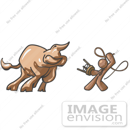 #36035 Clip Art Graphic of a Brown Guy Character Fighting a Bull With a Whip by Jester Arts