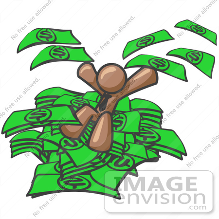 #36036 Clip Art Graphic of a Brown Guy Character Jumping in Cash by Jester Arts