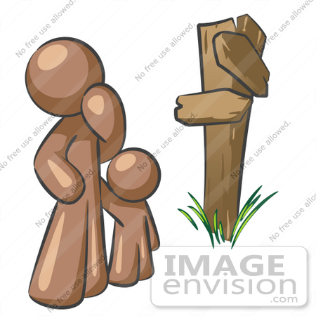 #36049 Clip Art Graphic of a Brown Guy Character and Child at a Crossroads by Jester Arts