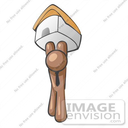 #36052 Clip Art Graphic of a Brown Guy Character Holding up a House by Jester Arts