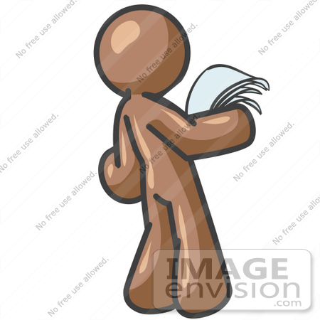 #36076 Clip Art Graphic of a Brown Guy Character Reading Paperwork by Jester Arts