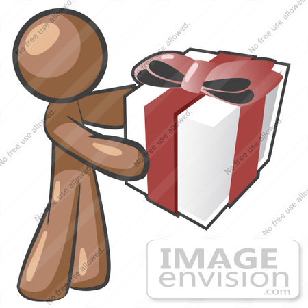 #36080 Clip Art Graphic of a Brown Guy Character Holding a Gift by Jester Arts